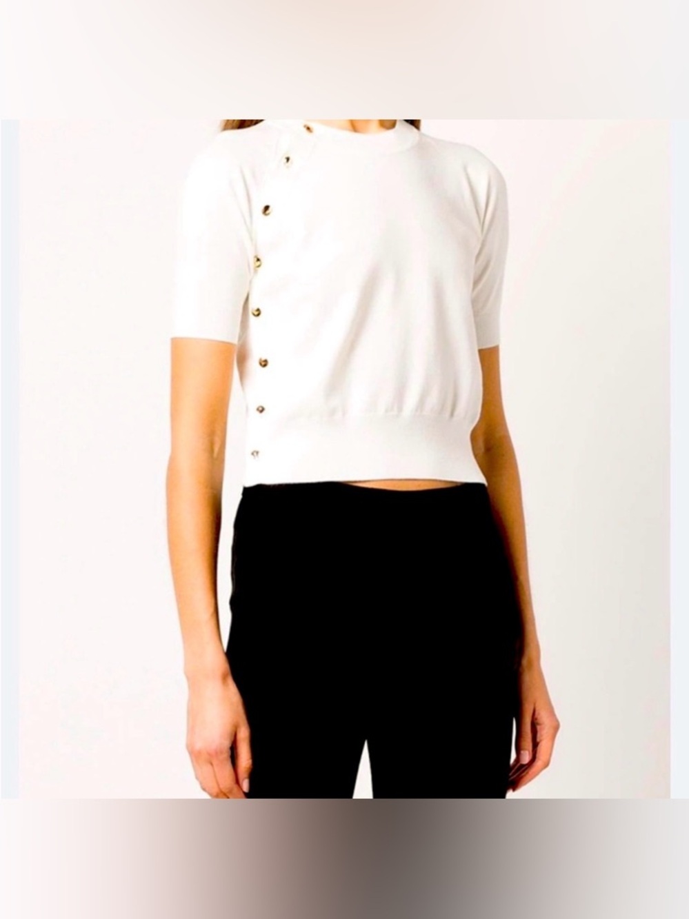 Altuzarra White Cropped Short-Sleeve Knit Top with Side Button Trim